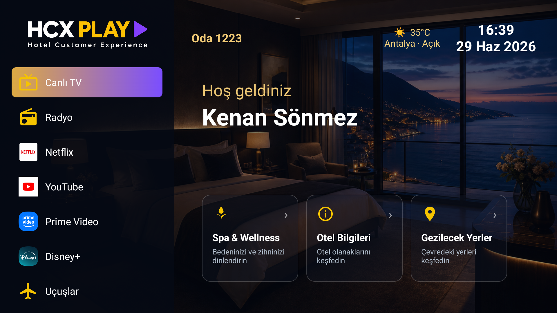 HCX PLAY — otel odası ana ekranı